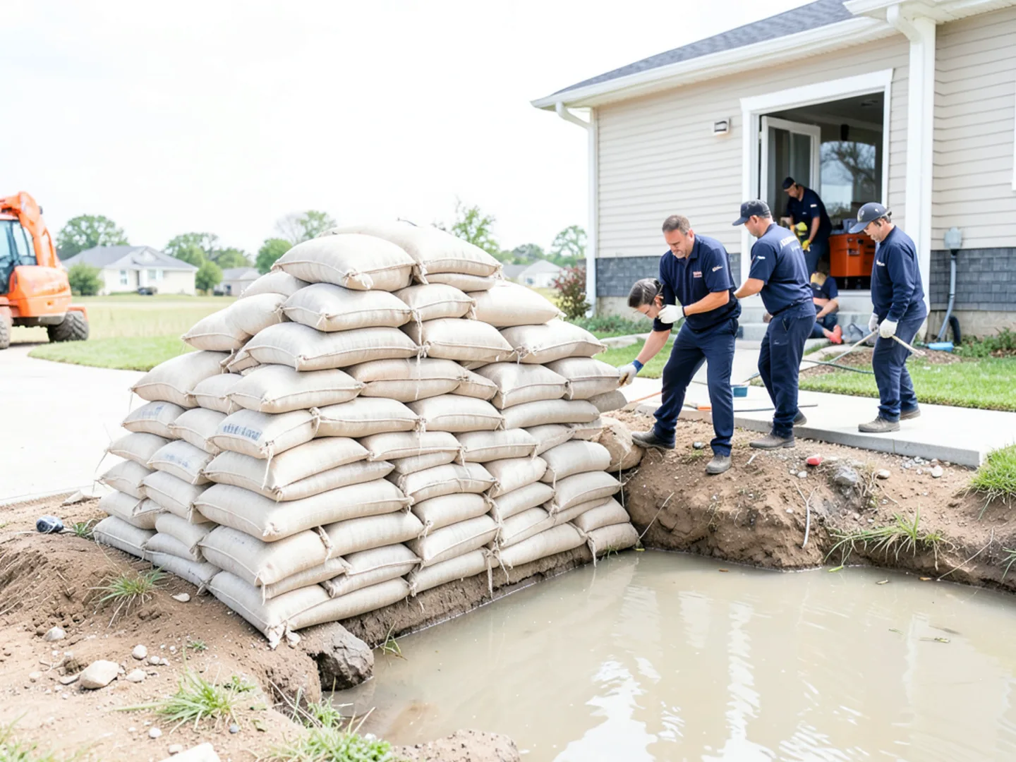 Pyramid sandbag dike protecting low lying residential doorway from rising water