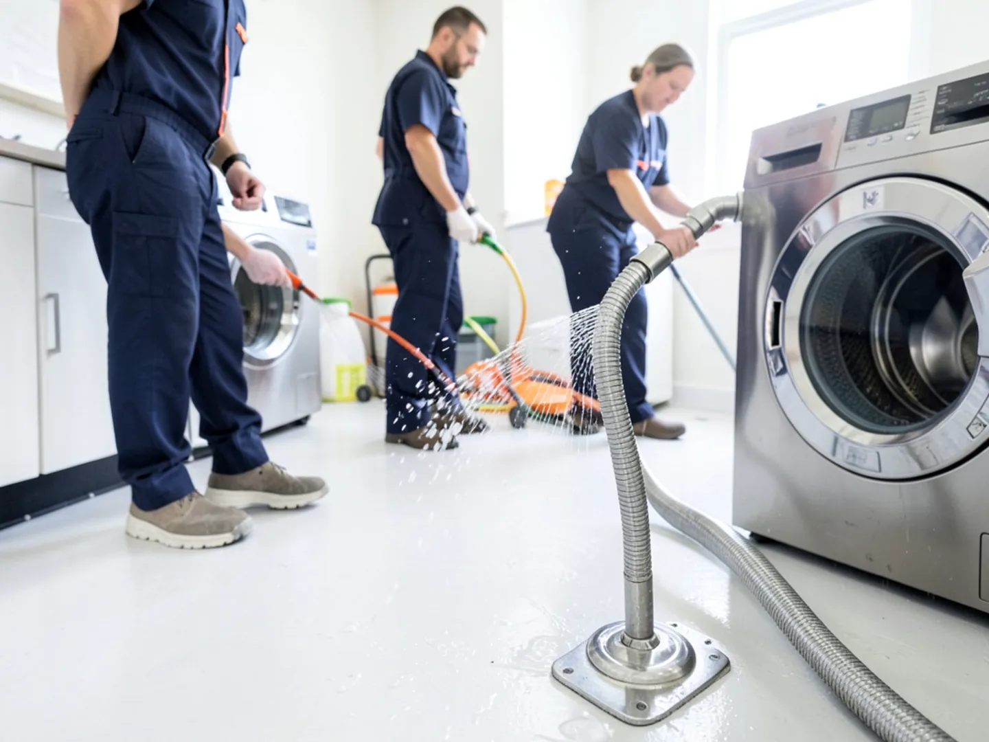 Fractured stainless steel braided washing machine supply hose spraying water