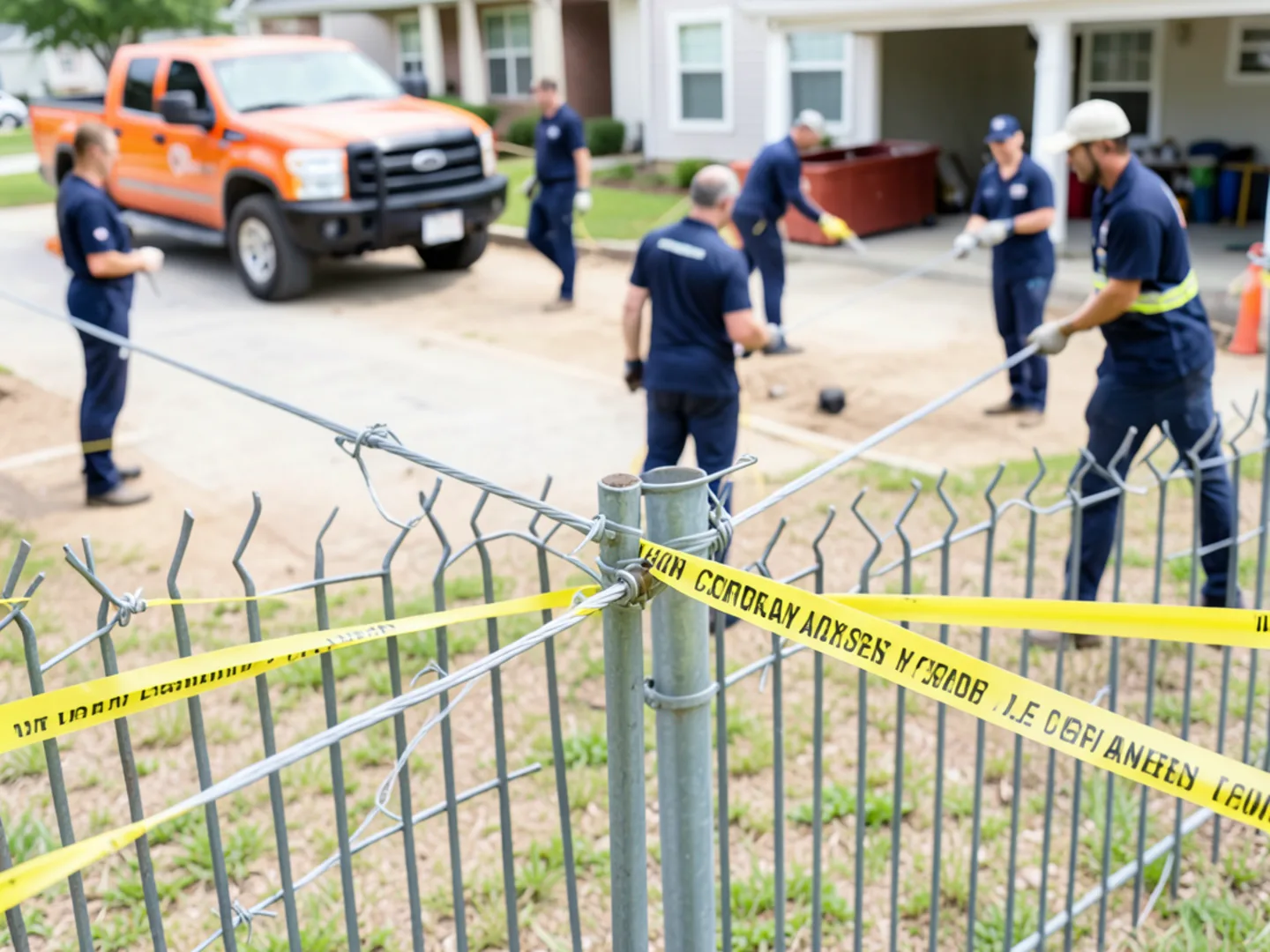 Downed electric utility service drop wire resting across residential fence