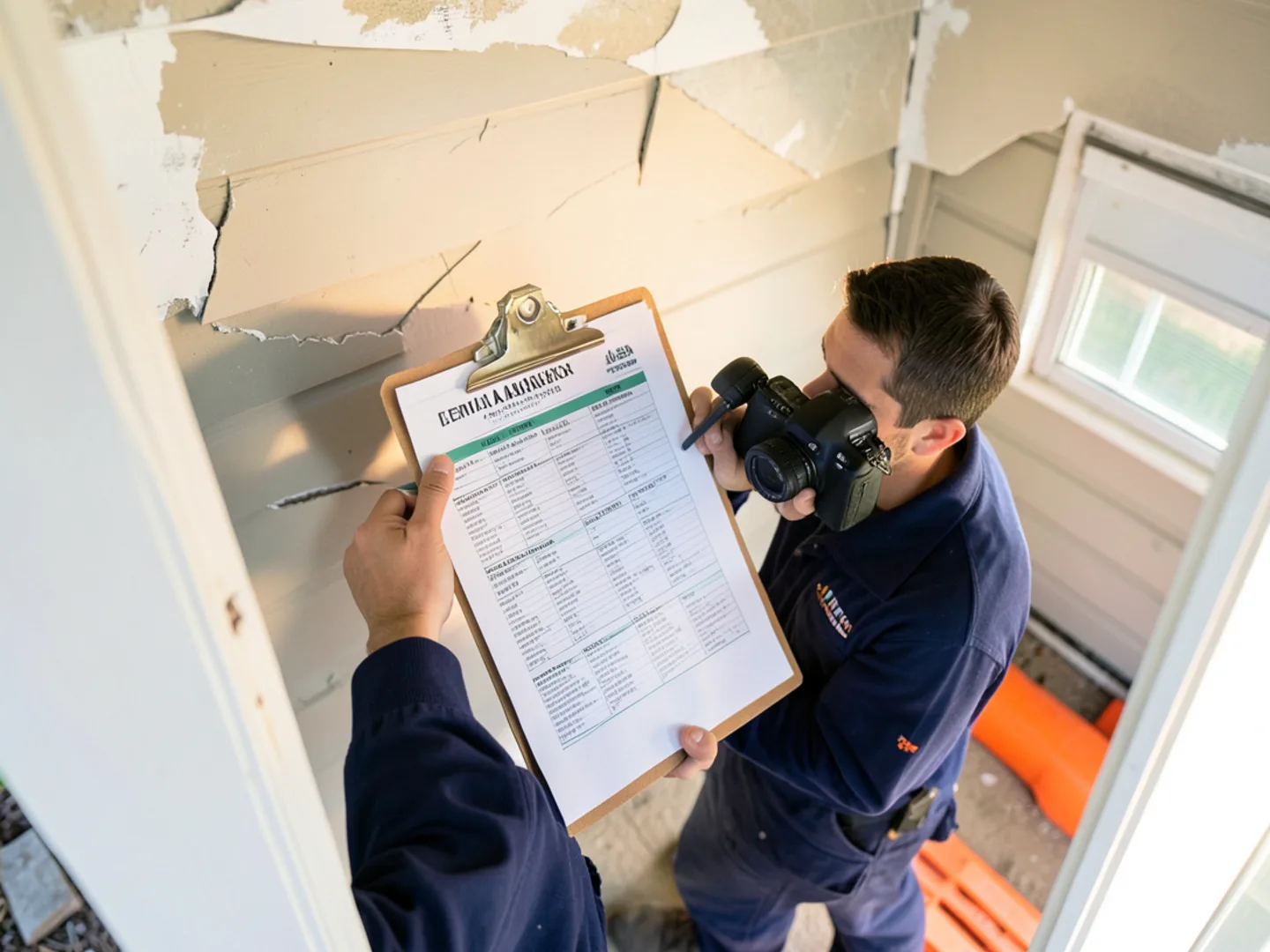 Clipboard with damage checklist and digital camera documenting broken siding and ceiling