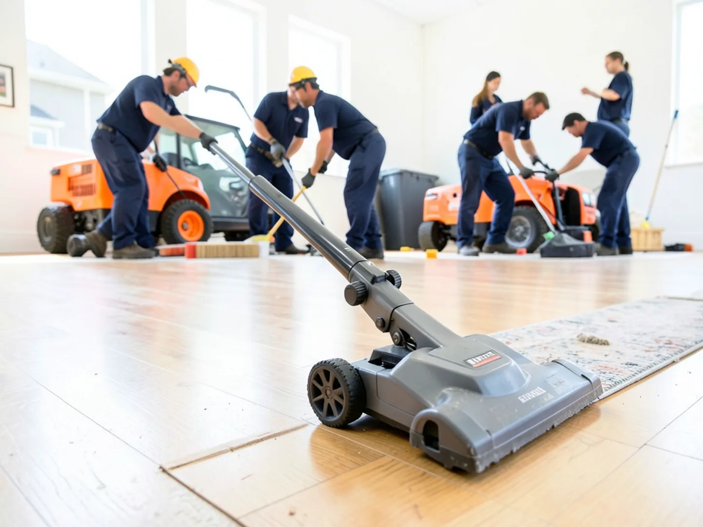 Floor mat vacuum system saving hardwood flooring compared to demolition bins