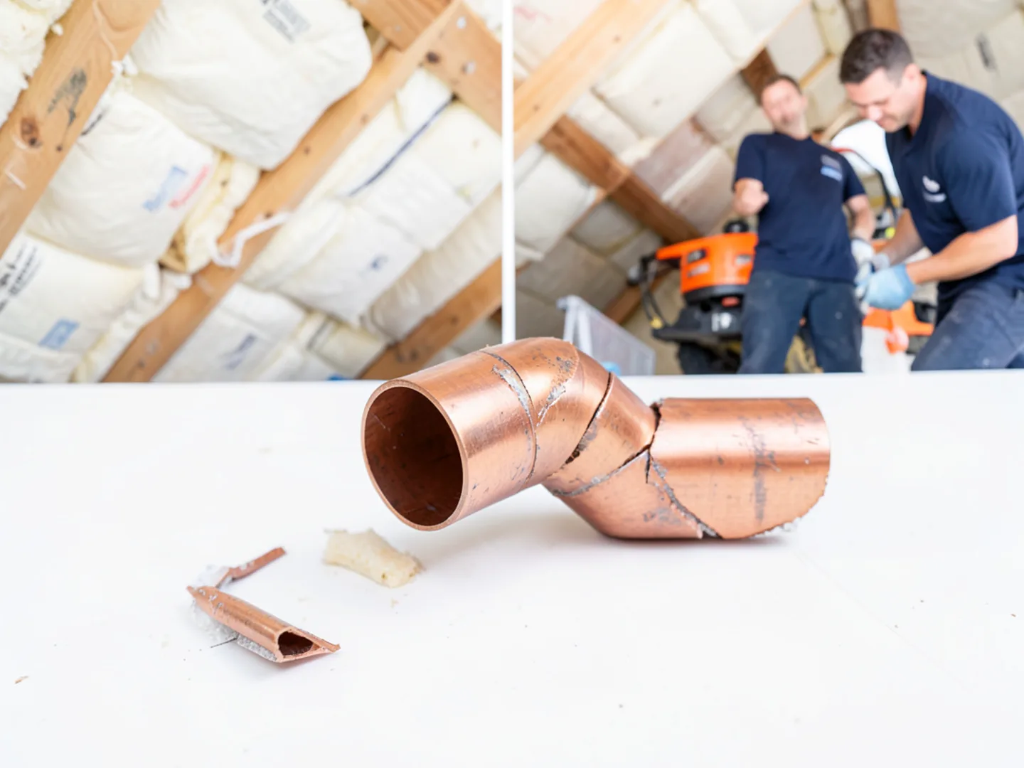 Freeze split fracture along copper residential water pipe in unconditioned attic