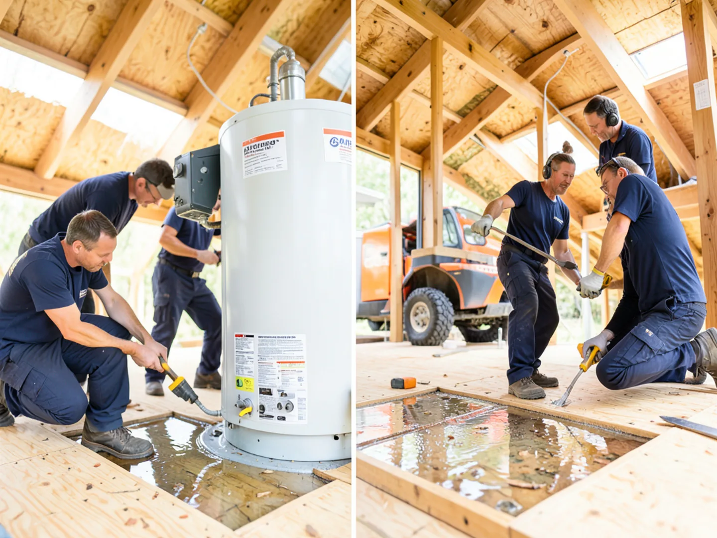 Leaking water heater tank in residential attic with water pooling in safety pan