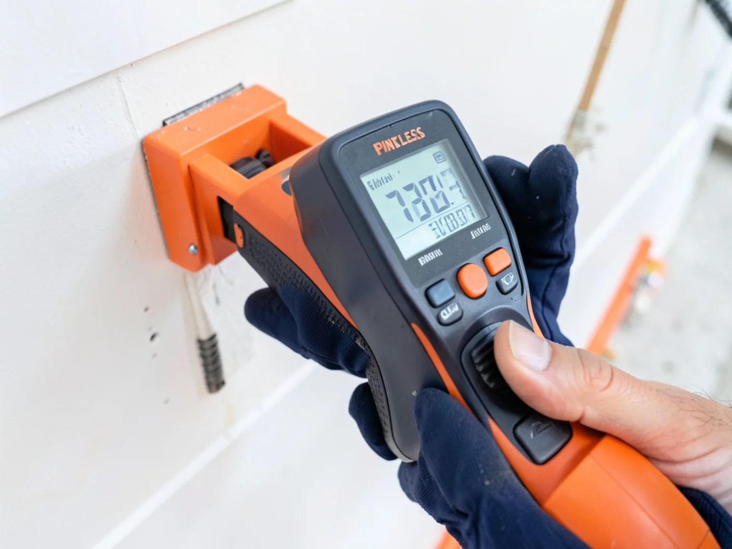 Moisture meter reading wood framing saturation inside a Little Rock wall cavity