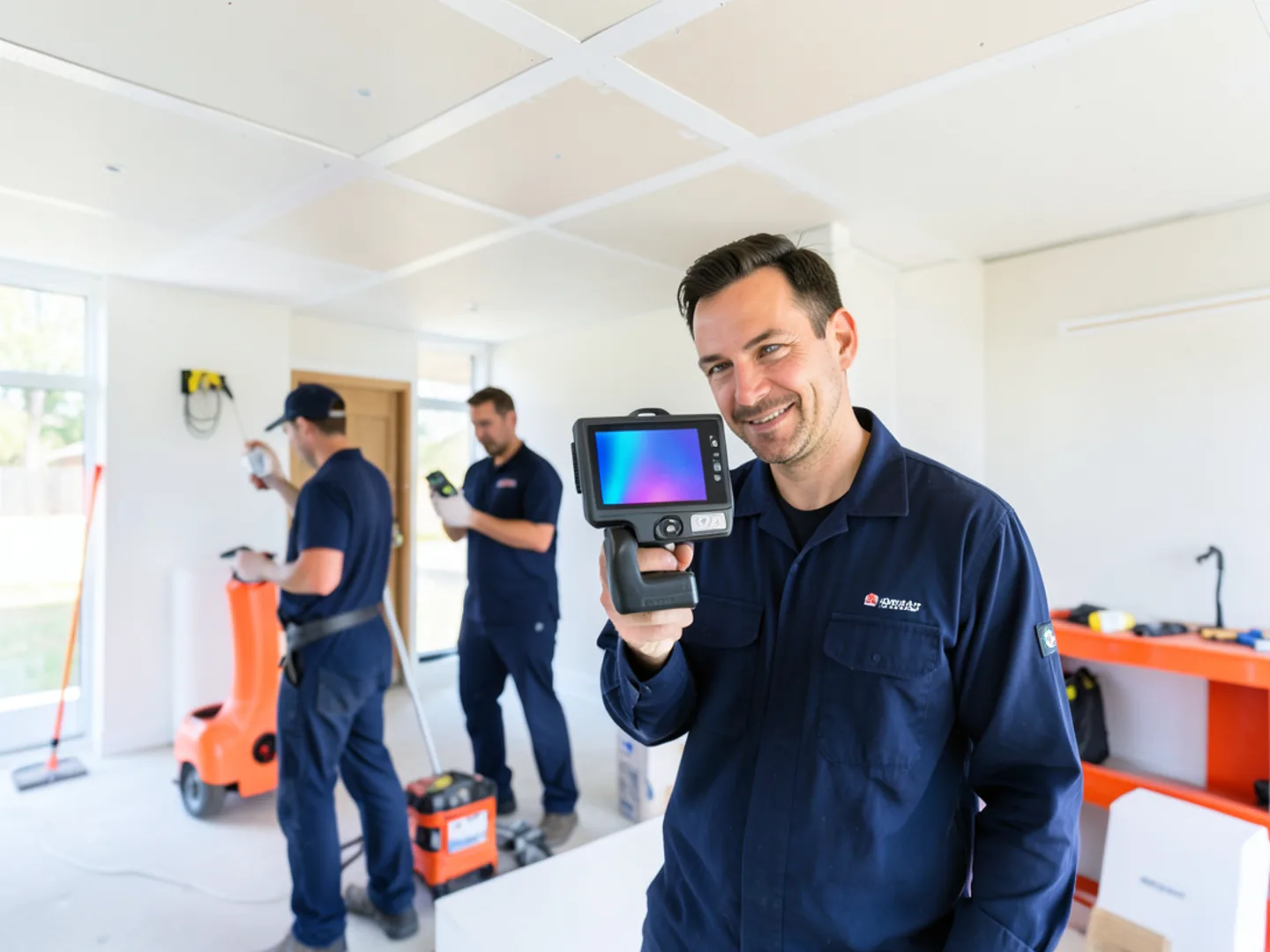 Thermal imaging camera locating hidden moisture pooling beneath subfloor