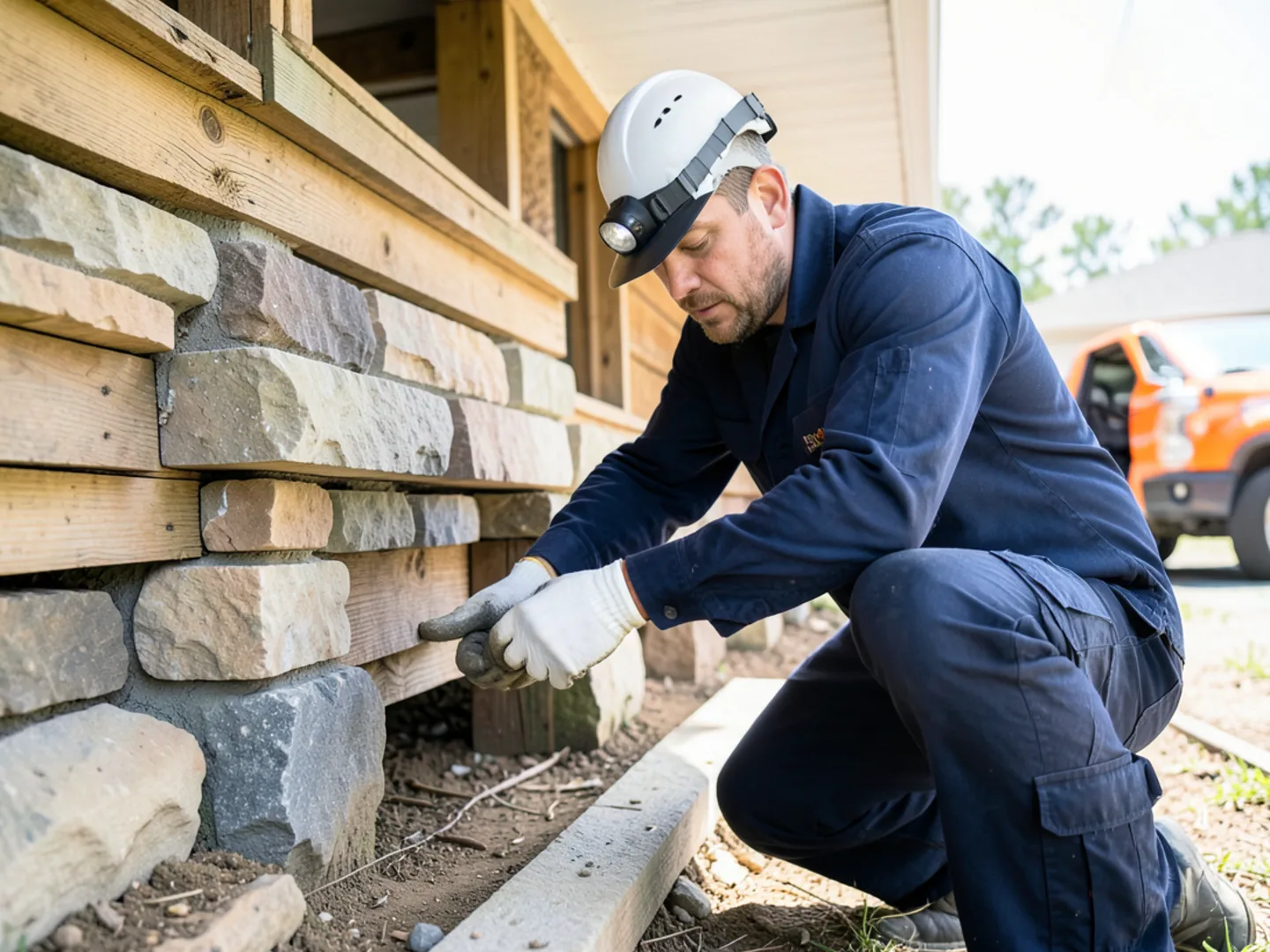 Technician inspecting pier-and-beam crawlspace joists in a Heights home