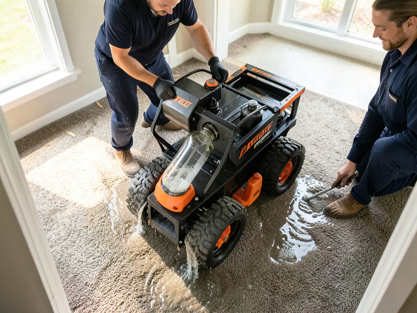 Weighted rover vacuum extracting standing water from saturated carpet and pad