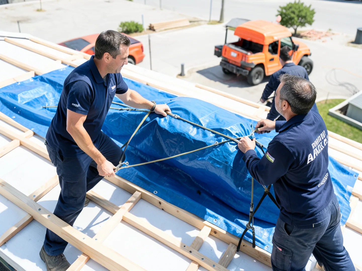Heavy duty waterproof roof tarp secured with furring strips over storm breach