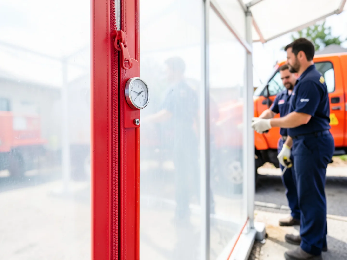 Heavy duty zipper entry door on translucent poly containment wall with manometer