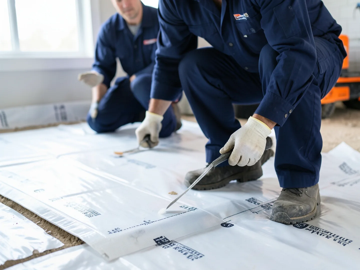 Heavy reinforced polyethylene vapor barrier installed across crawlspace earth floor