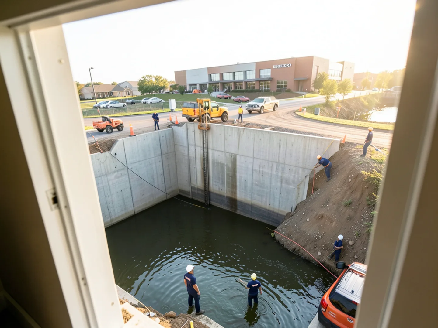 Concrete floodwall and earthen levee embankment near Arkansas River shore