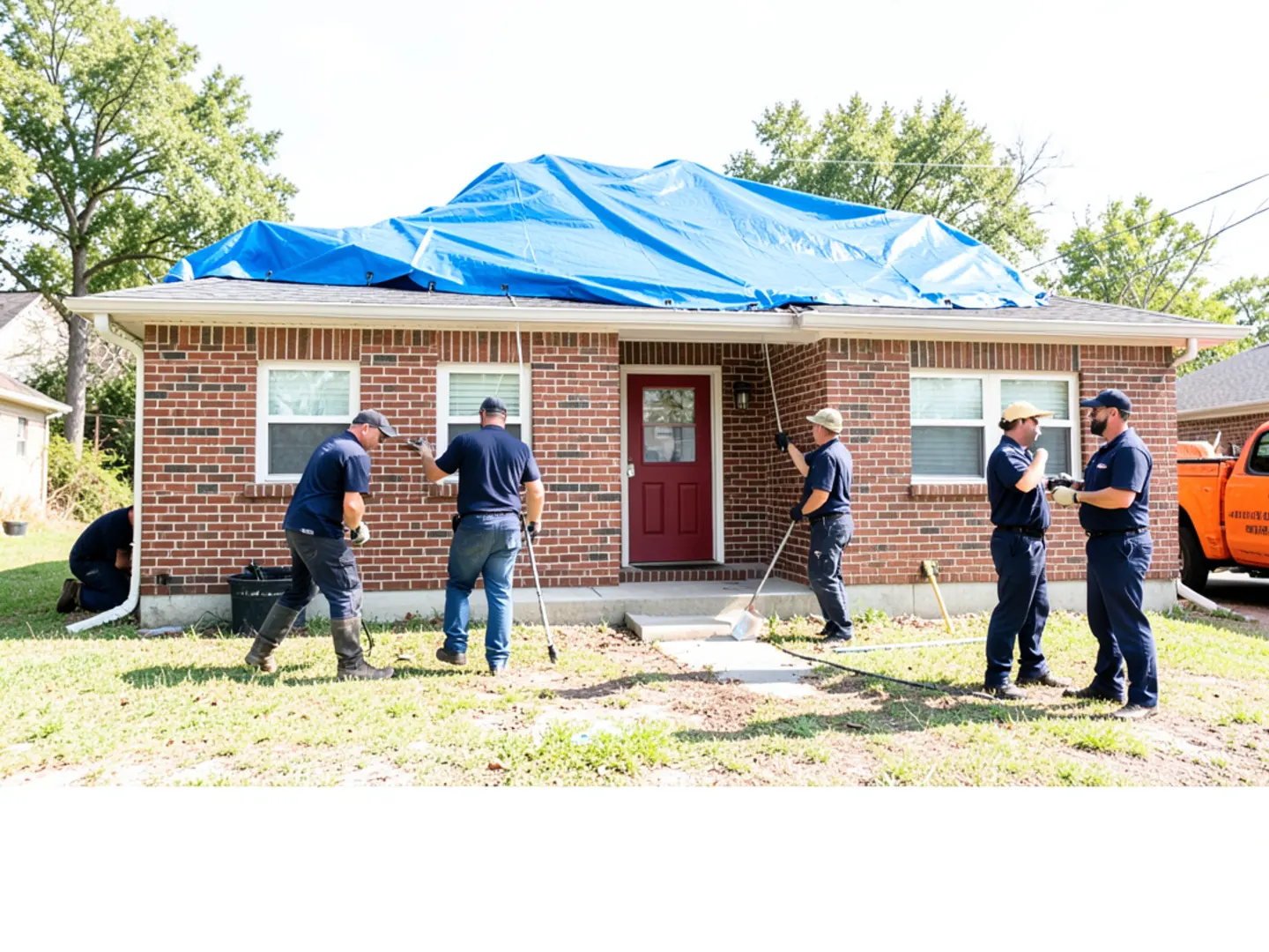 Brick ranch style home in subdivision with waterproof blue tarp over roof hip