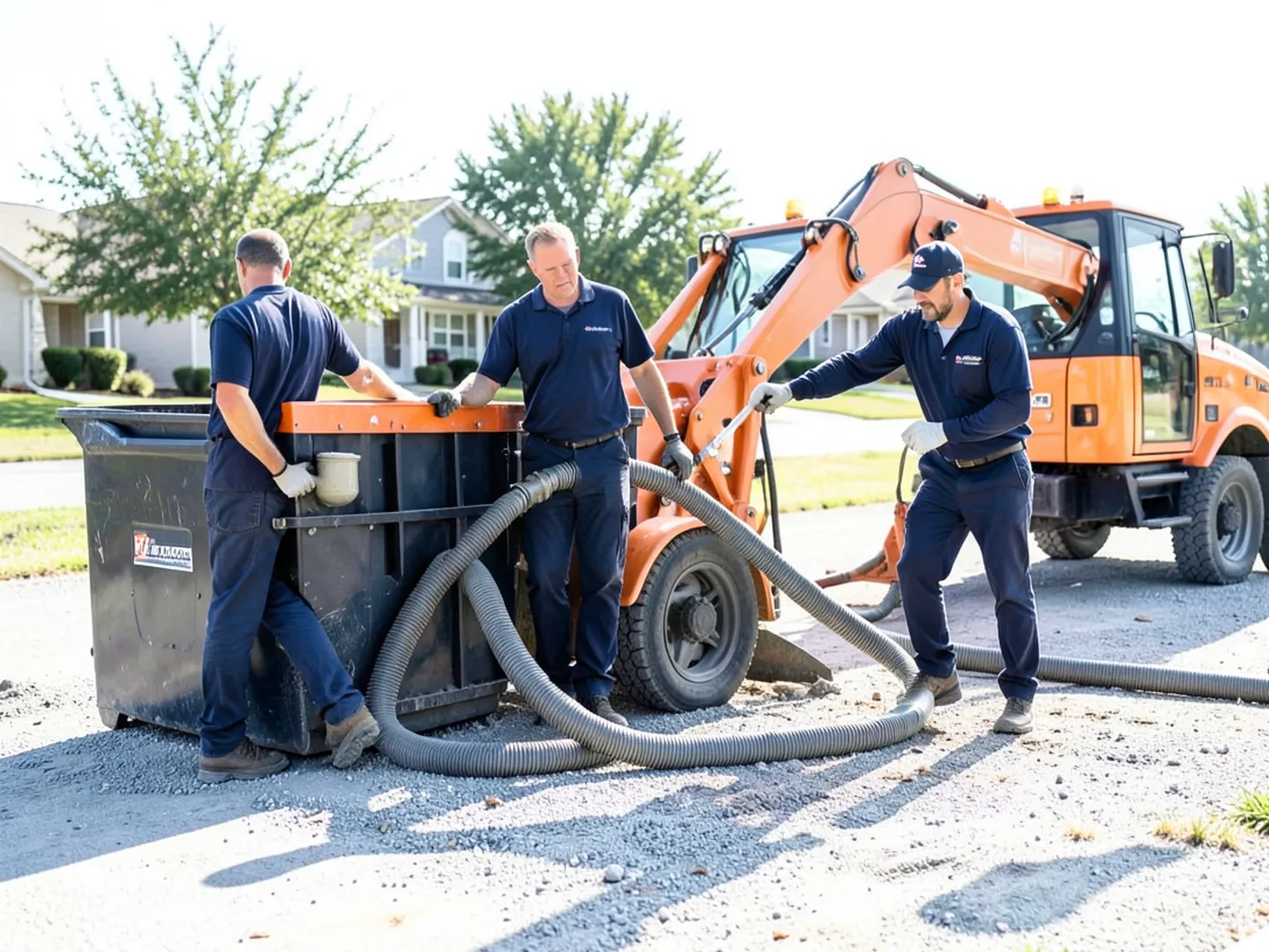 Heavy solids trash pump evacuating wastewater through layflat discharge hose