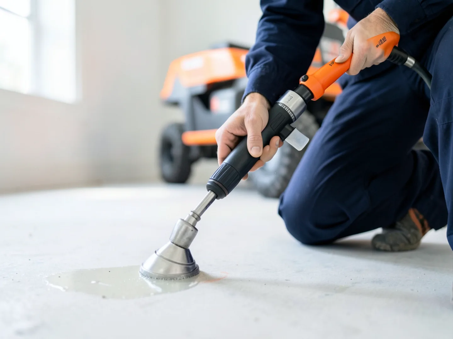 Applying EPA registered disinfectant spray across bare concrete subfloor